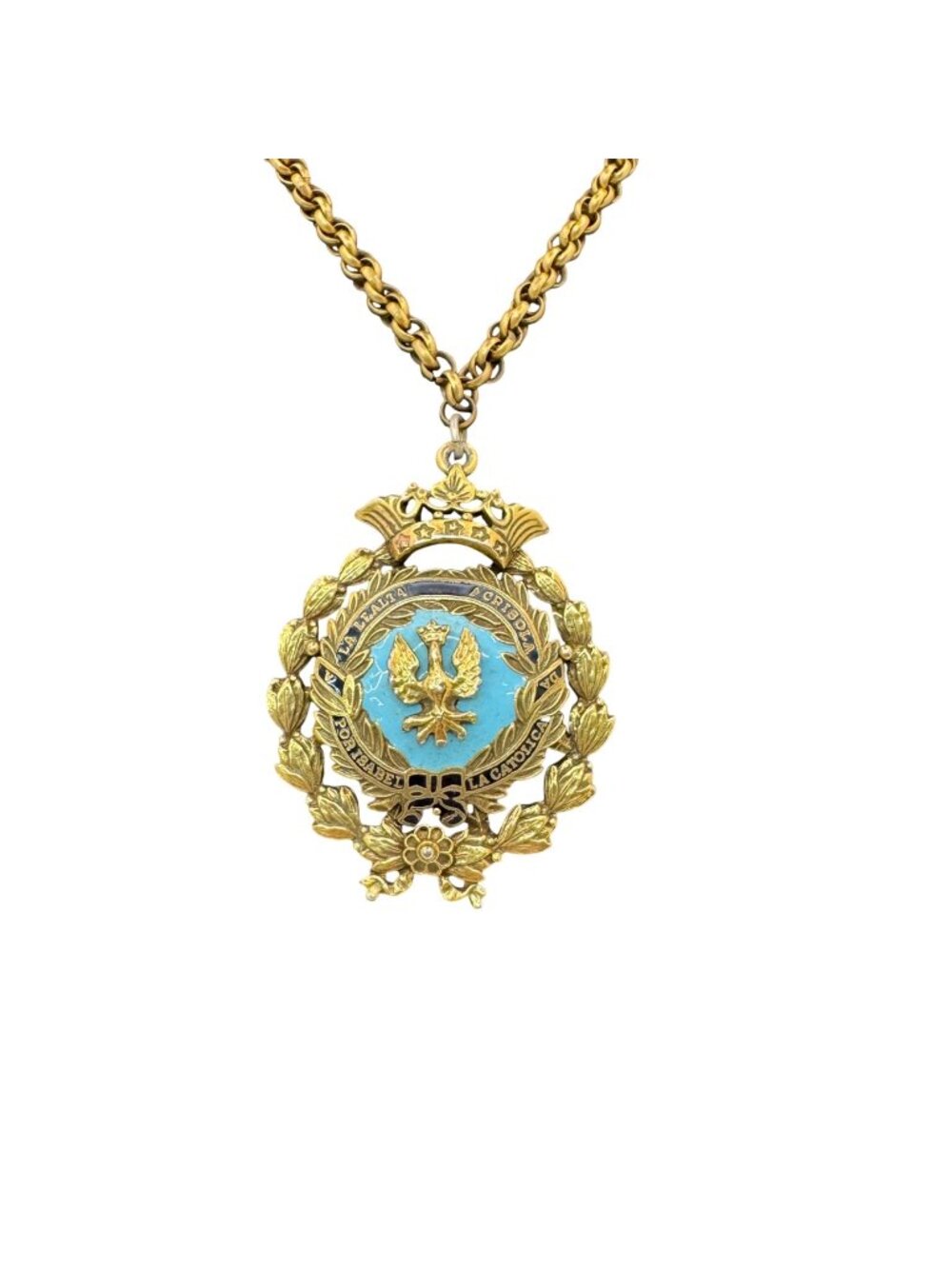 Enamel CORO Crown Eagle Pendant Enamel Isabel Catolica Spain Medallion Necklace